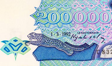 Diktatör Mobuto 'nun portresiyle 200.000 Zaires, Zaire. Zaire 'nin eski kağıt parası.
