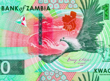 10 Kwacha Zambiya 'da baraj ve kartal resmi var. Zambiya ve Afrika 'nın parası.