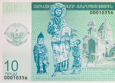 Gandzasar manastırı ve İsa 'nın resimli 10 Dram Dağlık Karabağ Banknotu. Nagorno Karabakh 'ın parası. Tanınmayan Cumhuriyet.