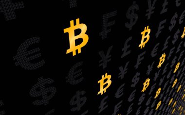 Bitcoin cryptocurrency 3d çizim. Güzel para birimi koyu arka plan. Dijital para birimi simgesi. Dijital arka plan. İş kavramı