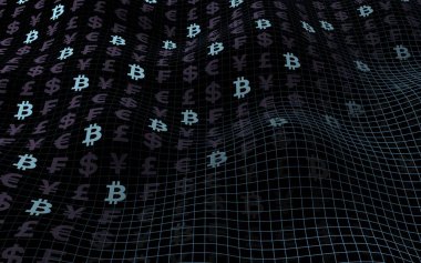 Bitcoin arka plan. Cryptocurrency 3d çizim. Dalga etkisi, para birimi piyasa dalgalanmaları. Dijital para birimi simgesi. İş kavramı