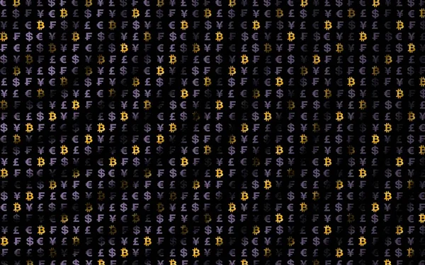 Bitcoin crypto-monnaie illustration 3D. Effet de vague, fluctuations du marché des devises. Symbole de monnaie numérique. Fond sombre numérique. Concept d'entreprise — Photo