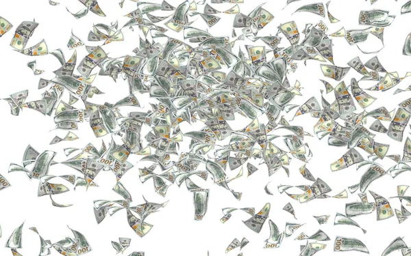 Billets volants en dollars isolés sur fond blanc. L'argent vole dans les airs. Billets de 100 US nouvel échantillon . — Photo