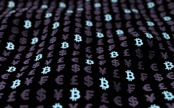 Bitcoin cryptocurrency 3d ілюстрації. Темному тлі красивих валюти. Електронну валюту символом. Цифровий фону. Бізнес-концепція — стокове фото