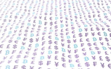 Bitcoin arka plan. Cryptocurrency 3d çizim. Dijital para birimi simgesi. Dalga etkisi, para birimi piyasa dalgalanmaları. İş kavramı