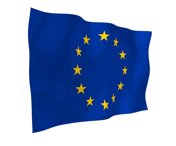 Bandiera leggermente sventolante dell'Unione Europea isolata su sfondo bianco, rendering 3D. Simbolo dell'Europa. Illustrazione 3D — Foto Stock