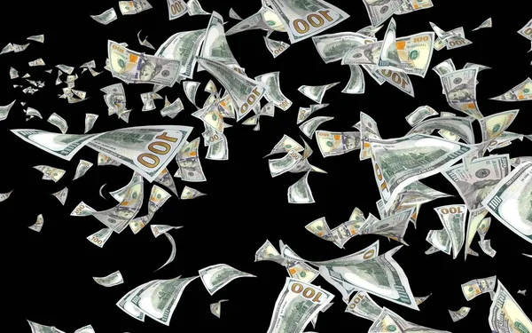 Billetes de dólares voladores aislados sobre fondo oscuro. El dinero vuela en el aire. Billetes 100 US nueva muestra . —  Fotos de Stock