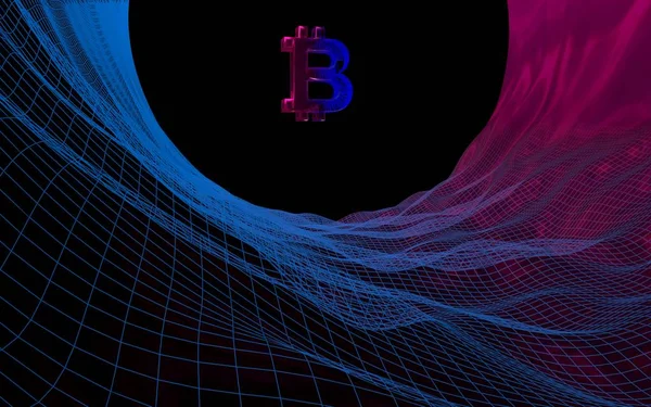 Signatura de moneda digital Bitcoin sobre fondo oscuro abstracto. Concepto de negocio, finanzas y tecnología . — Foto de Stock