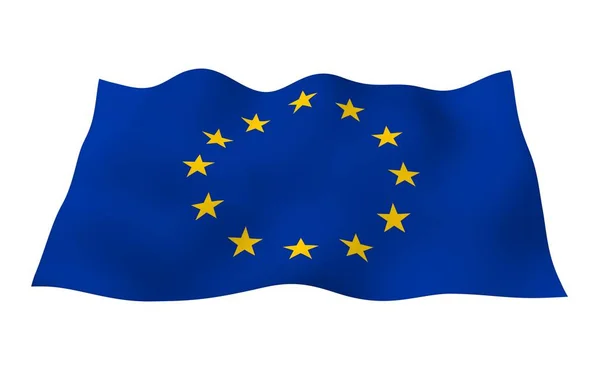 Bandiera leggermente sventolante dell'Unione Europea isolata su sfondo bianco, rendering 3D. Simbolo dell'Europa — Foto Stock