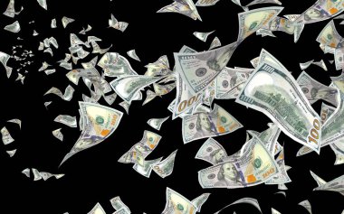 Dolar banknotlar uçan koyu arka plan üzerinde izole. Para havada uçuyor. 100 ABD banknotlar yeni örnek. 3D çizim