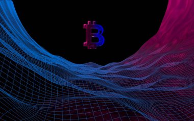 Koyu arka plan üzerinde dijital para birimi Bitcoin. İş, finans ve teknoloji kavramı. 3D çizim