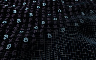 Bitcoin arka plan. Cryptocurrency 3d çizim. Dijital para birimi simgesi. Dalga etkisi, para birimi piyasa dalgalanmaları. İş kavramı