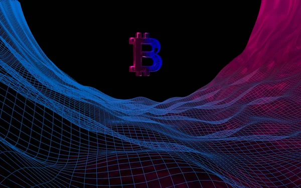 Symbole de devise numérique Bitcoin sur fond sombre abstrait. Concept d'entreprise, de finance et de technologie. Illustration 3D — Photo