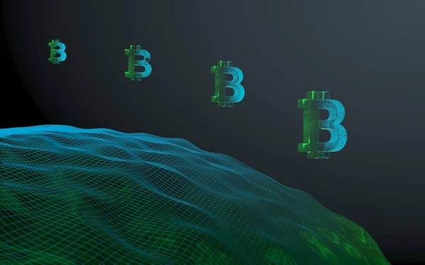 Digitalwährungssymbol Bitcoin auf abstraktem, dunklem Hintergrund. Geschäfts-, Finanz- und Technologiekonzept. 3D-Illustration — Stockfoto