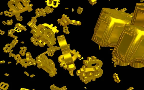 Цифровой валютный символ Bitcoin. График криптовалют на виртуальном экране. Концепция бизнеса, финансов и технологий. 3D иллюстрация — стоковое фото
