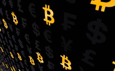 Bitcoin arka plan. Cryptocurrency 3d çizim. Dijital para birimi simgesi. İş kavramı