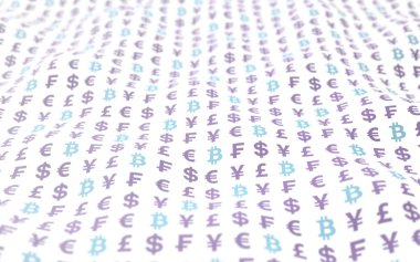 Bitcoin arka plan. Cryptocurrency 3d çizim. Dijital para birimi simgesi. Dalga etkisi, para birimi piyasa dalgalanmaları. İş kavramı