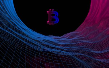 Koyu arka plan üzerinde dijital para birimi Bitcoin. İş, finans ve teknoloji kavramı.