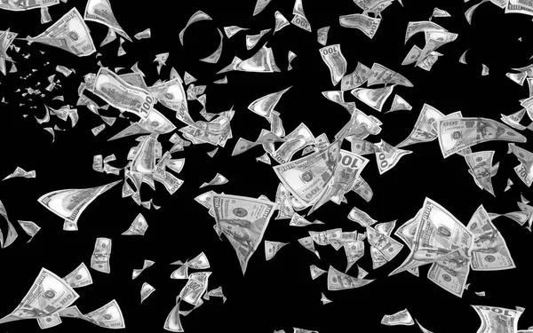Flying dollars banknotes isolated on dark background. Money is flying in the air. 100 US banknotes new sample. Black and white style — Stock Photo, Image
