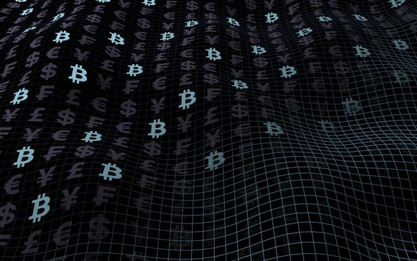 Bitcoin-Hintergrund. Kryptowährung 3D-Illustration. Symbol für die digitale Währung. Welleneffekt, Währungsmarktschwankungen. Geschäftskonzept — Stockfoto