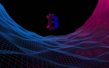 Koyu arka plan üzerinde dijital para birimi Bitcoin. Cryptocurrency pazarının büyüme. İş, finans ve teknoloji kavramı. 3D çizim