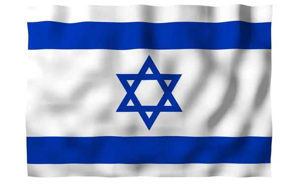 La bandera de Israel. Símbolo estatal del Estado de Israel. Una estrella azul de David entre dos rayas azules horizontales en un campo blanco. ilustración 3d — Foto de Stock