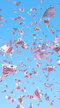 Arka planda Avro banknotları uçurmak. Havada para uçuyor. 500 EURO renkli. 3B illüstrasyon