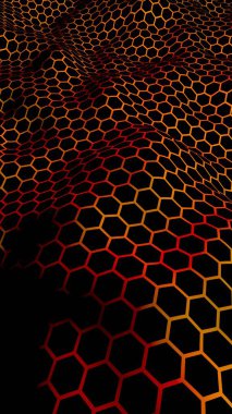 Petek dalga etkisi kırmızı sarı arka plan üzerinde. Çokgen in perspektif görünümü petek gibi görünüyor. Biyometrik geometri. Dikey görüntü yönlendirmesi. 3d illüstrasyon