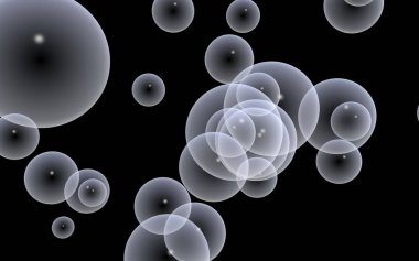 Karanlık arka plan ve aydınlık kabarcıklar. Duvar kağıdı, balonlu doku. 3B illüstrasyon