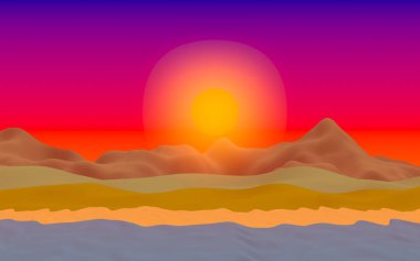 Sun Sea Beach. Sunrise. Sahilde dalgalarla okyanus kıyısı. Dalgalar ile Ada plaj cenneti. Tatil, yaz, rahatlama. Deniz manzarası, deniz kıyısı. Minimalist manzara, ilkellik. 3d illüstrasyon