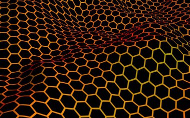 Petek dalga etkisi kırmızı sarı arka plan üzerinde. Çokgen in perspektif görünümü petek gibi görünüyor. Biyometrik geometri. 3d illüstrasyon