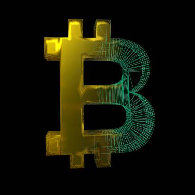 Bitcoin işareti, yeşil şebeke siyah arka planda altına dönüşür. 3B illüstrasyon