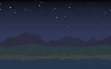 Yıldızlı aysız gökyüzü. Sahilde dalgalarla okyanus kıyısı. Dalgalar ile Ada plaj cenneti. Tatil, yaz, rahatlama. Deniz manzarası, deniz kıyısı. Minimalist manzara, ilkellik. 3d illüstrasyon