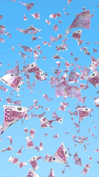 Vliegende eurobankbiljetten tegen de achtergrond van de lucht. Het geld vliegt de lucht in. 500 EURO in kleur. 3D illustratie — Stockfoto