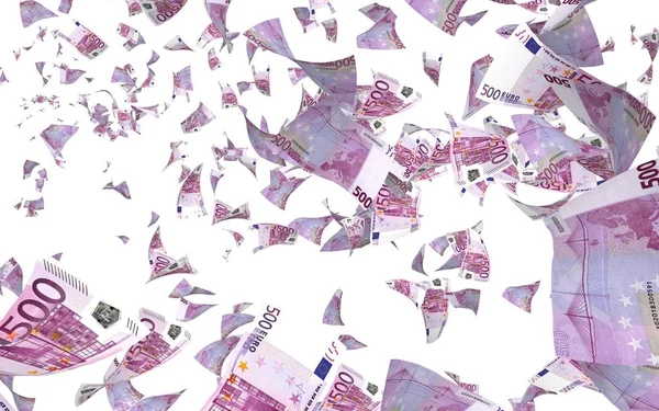 Billetes en euros voladores aislados sobre un fondo blanco. El dinero vuela en el aire. 500 euros en color. Ilustración 3D — Foto de Stock