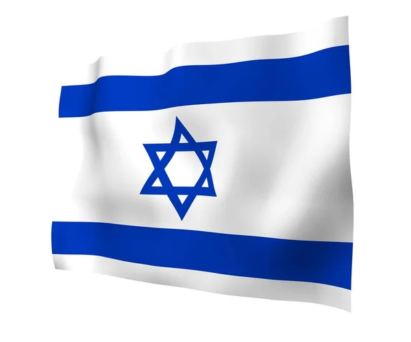 Η σημαία του Ισραήλ. Κρατικό σύμβολο του Κράτους του Ισραήλ. Ένα μπλε αστέρι του Δαβίδ ανάμεσα σε δύο οριζόντιες μπλε ρίγες σε ένα λευκό πεδίο. 3D εικονογράφηση — Φωτογραφία Αρχείου