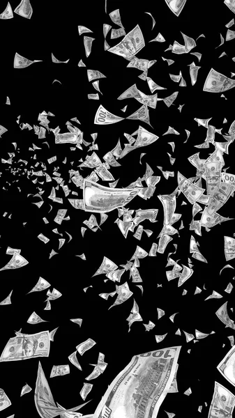 Flying dollars banknotes isolated on dark background. Money is flying in the air. 100 US banknotes new sample. Black and white style. 3D illustration — Stock Photo, Image