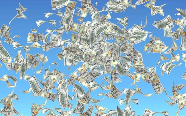 Літаючі долари банкноти, ізольовані на синьому фоні. Гроші літають в повітрі. 100 нас банкноти новий зразок. 3D ілюстрація — стокове фото