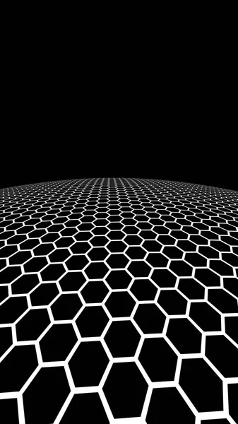 Donkere honingraat op donkere achtergrond. Perspectief uitzicht op polygon ziet eruit als honingraat. Bal, planeet, bedekt met een netwerk, honingraten, cellen. 3D illustratie — Stockfoto