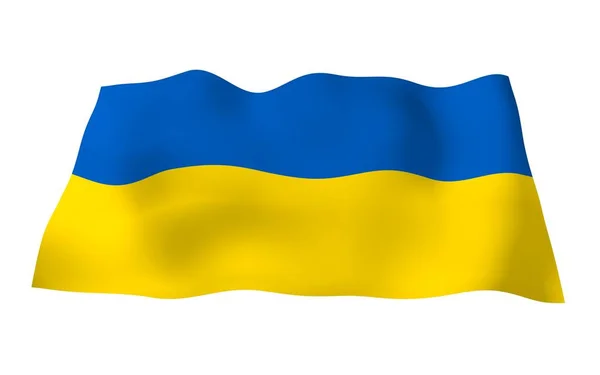 Die Flagge der Ukraine auf weißem Hintergrund. Nationalflagge und Staatsfahne. Blaue und gelbe Zweifarbigkeit. 3D-Illustration schwenkt Flagge — Stockfoto