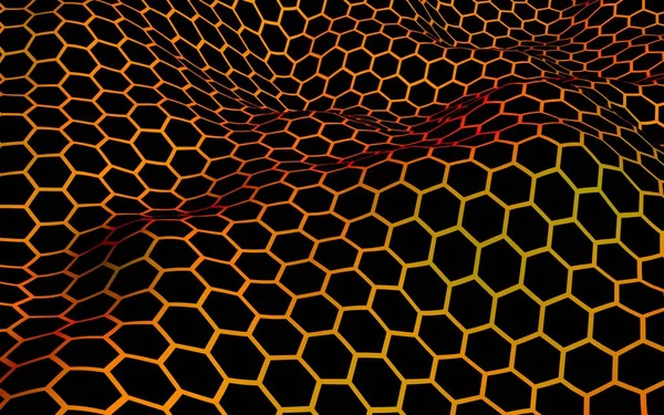 Honeycomb wave effect on a red yellow background. Perspective view on polygon look like honeycomb. Isometric geometry. 3D illustration — Stock Photo, Image