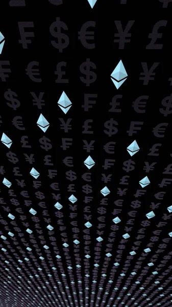 Ethereum Crystal och valuta på en mörk bakgrund. Symbol för digital krypto valuta. Affärsidé. Marknads visning. 3D-illustration — Stockfoto