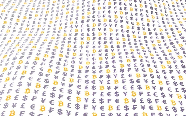Beyaz arka planda Bitcoin ve para birimi. Dijital kripto para birimi sembolü. Dalga etkisi, döviz piyasası dalgalanmaları. İş konsepti. 3B illüstrasyon — Stok fotoğraf