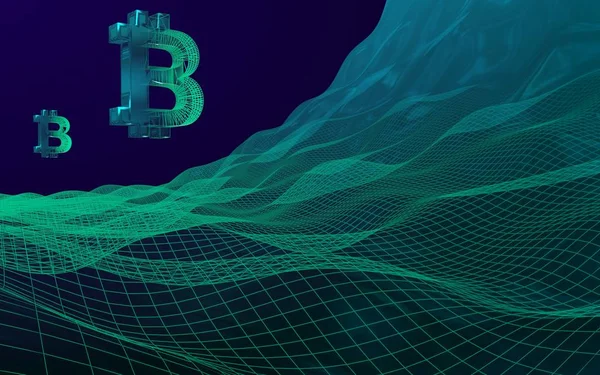 Soyut koyu arkaplan üzerine dijital para birimi sembolü Bitcoin. Kripto para piyasasının düşüşü. İş, finans ve teknoloji kavramı. 3B illüstrasyon