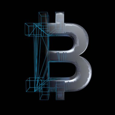 Bitcoin işareti, platin veya gümüş siyah bir arka plan üzerinde mavi bir ızgara dönüşür. 3d illüstrasyon