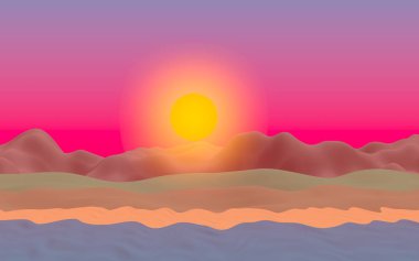 Sun Sea Beach. Sunrise. Sahilde dalgalarla okyanus kıyısı. Dalgalar ile Ada plaj cenneti. Tatil, yaz, rahatlama. Deniz manzarası, deniz kıyısı. Minimalist manzara, ilkellik. 3d illüstrasyon