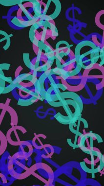 Koyu arka planda çok renkli yarı saydam dolar işaretleri. Yeşil tonları. 3d illüstrasyon