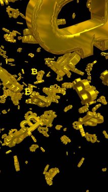 Karanlık bir arka planda dijital para birimi sembolü Bitcoin. Bitcoin düşüşü. Sanal ekranda kripto para birimi grafiği. İş, finans ve teknoloji kavramı. 3B illüstrasyon