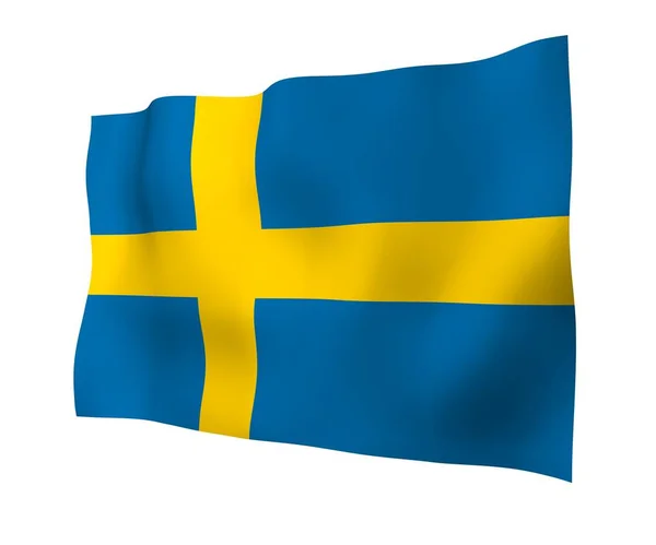 Švédská vlajka. Oficiální státní symbol Švédského království. Modré pole se žlutým skandinávským křížem, který sahá až k okrajům vlajky. 3D ilustrace — Stock fotografie
