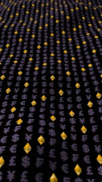 Ethereum klasyczne i waluta na ciemnym tle. Cyfrowy symbol kryptograficznego. Efekt fali walutowej, wahania rynkowe. Koncepcja biznesowa. ilustracja 3D — Zdjęcie stockowe